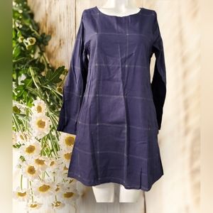 Vintage Purple Plaid Linen Longsleeved 2 Pockets Mini Dress